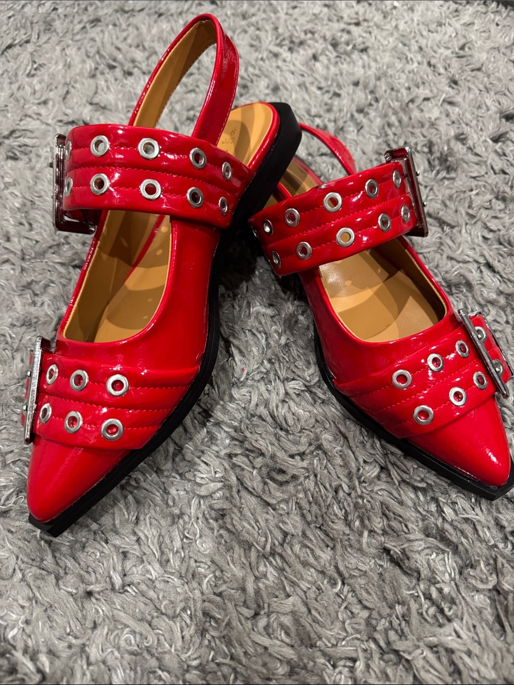 Red Patent Pointed Slingback Flats with Grommet Straps